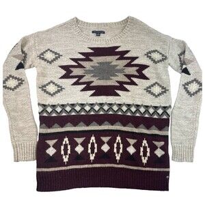 American Eagle Wool Blend Sweater Pullover Tan Burgundy Aztec Round Womens Small